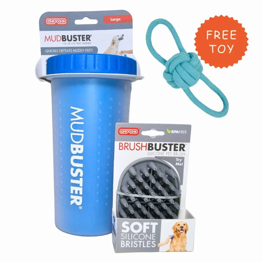 New Large Mudbuster Dog Paw Cleaner and Silicon Pet Brush + FREE Toy Bundle